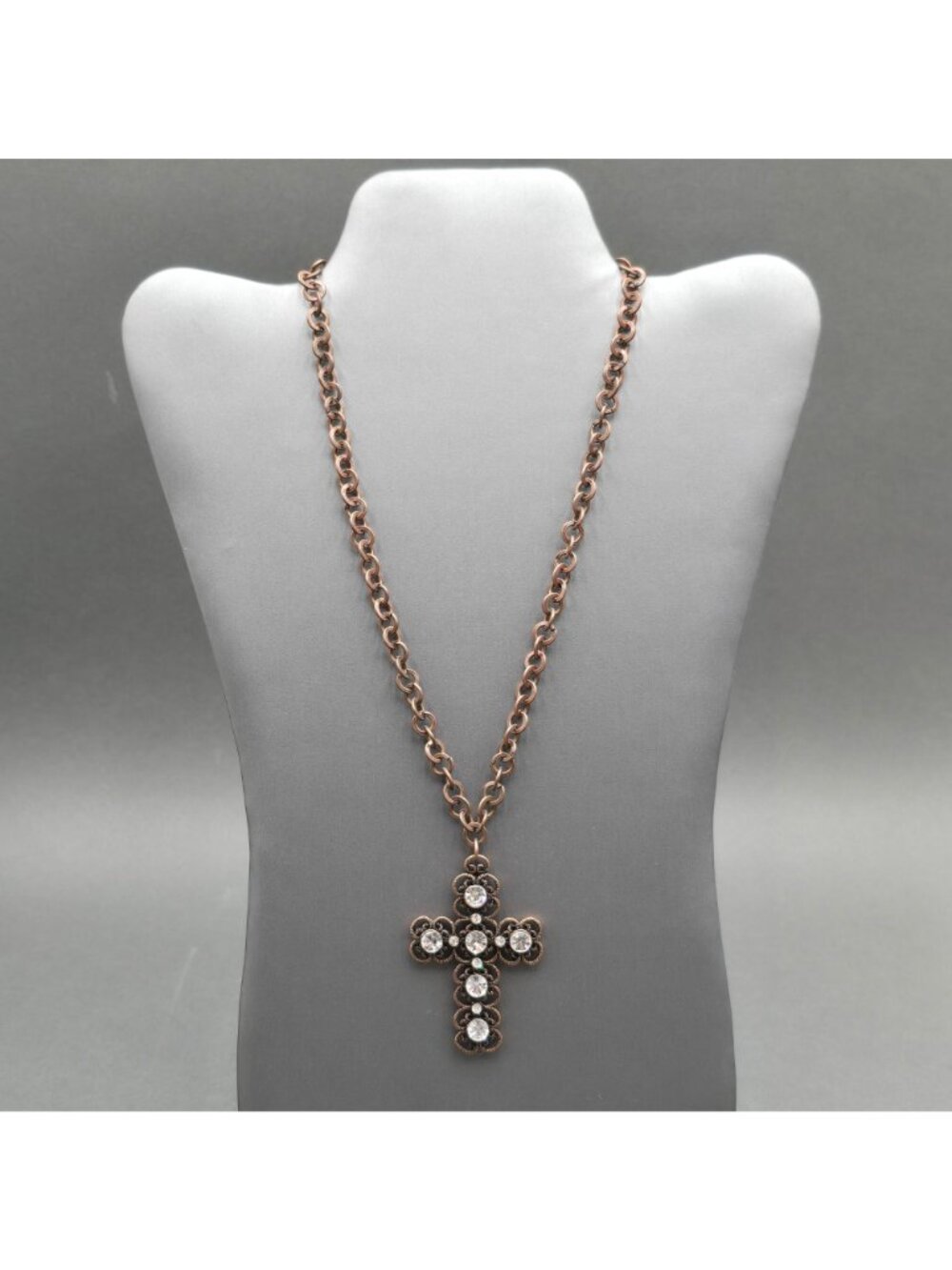 Etruscan Revival Copper Plated Stainless Steel Cross Pendant Necklace Rhinestone - Picture 9 of 9